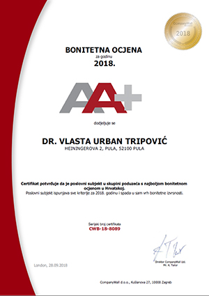 Certifikat Bonitetne ocjene AA+ za 2018. godinu Certifikat Bonitetne ocjene AA+ za 2018. godinu